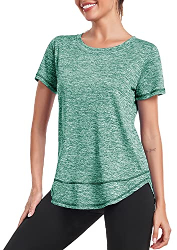Deaviya Sport T-shirt, dam, kortärmad tröja, kvinnor, träningstoppar rund hals, atletisk ledig, löpning, yoga, fitness, t-shirts, ledig sida, delad te, Grön, XXL