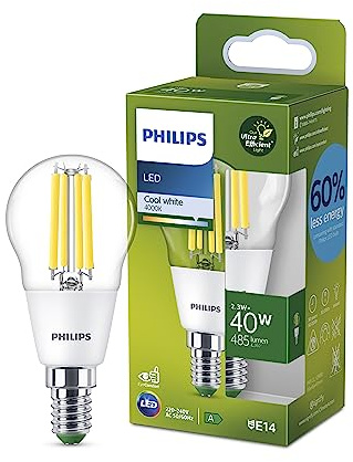 Philips Ultra Efficient - Ultra energy saving lights, LED light source, 40W, P45, E14 Candle Cool White 4000 kelvin, clear