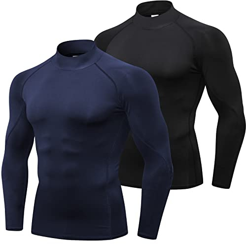 Maglia a compressione a maniche lunghe da uomo per allenamento palestra maglietta da corsa Cool Dry Baselayer Athletic Undershirt dolcevita, Confezione da 2 # nero + blu navy, XL