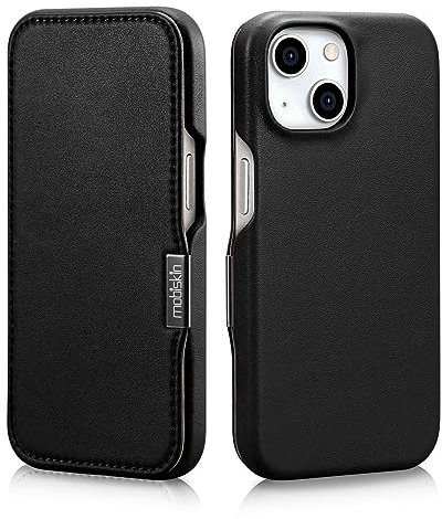 Mobiskin Hülle für iPhone 15 (6,1 Zoll), Handyhülle mit Leder, Case kompatibel mit MagSafe, Schutzhülle, Handy-Tasche, Slim Cover, dünn, Schwarz
