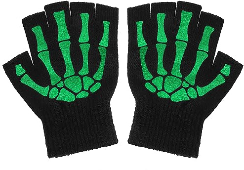 WLLHYF Halloween-Skelett-Handschuhe Totenkopf-Knochen-Halbfinger-Handschuhe Leuchtet im Dunkeln Halloween-Kostüm-Zubehör für Männer Frauen Kinder Kostüm Cosplay