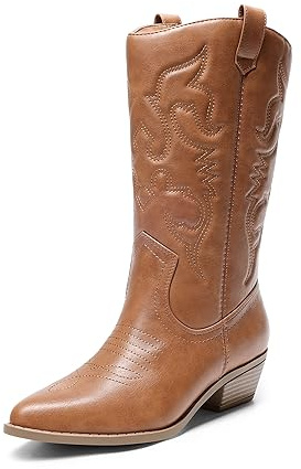 DREAM PAIRS Bottes Western Femme Boots Cowboy Mi-Mollet à Enfiler Style Cowgirl Bottines,Size 38,Bronzer,SDMB2218W
