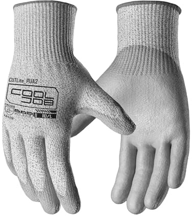 COOLJOB 12/120 Pairs A2 Cut Resistant Safety Work Gloves with Grip, Breathable & Lightweight Polyurethane PU Coated Protective Gloves for Wood Carving, Glass Handling, Mechanic Work, Gray Medium
