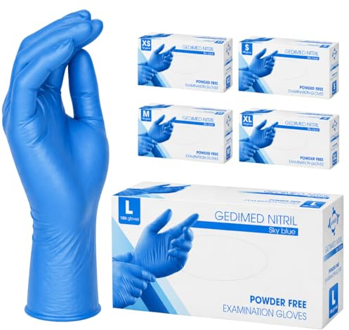 Gedikum 1000 (10x100 Stk) Nitril-Handschuhe, puderfrei, latexfrei, hypoallergen, Lebensmittelhandschuhe, medizinische Einweghandschuh, Gummihandschuhe S, M, L, XL (blau/Schwarz) (Blau, L)