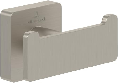 Villeroy & Boch Elements Striking, gancho doble para toallas para montaje en pared, gancho de pared de latón, accesorio de baño, cuadrado, 80 x 44 x 45 mm – Níquel Cepillado Mate