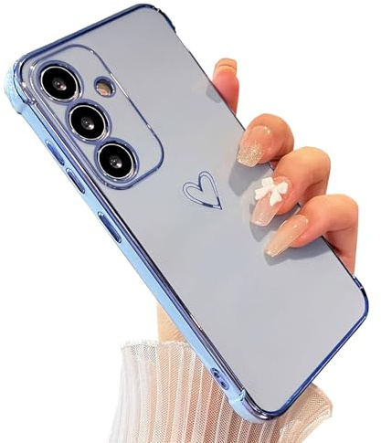 Knoowcase Samsung Galaxy A15 Case Samsung A15 Phone Case for Girls Women Shockproof Flexible Silicone Bumper Lens Protection Luxury Plated Gold Heart Slim Anti Scratch Phone Cover, Blue