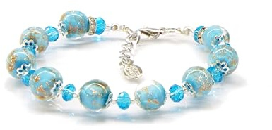 Sospiri Venezia - Bracelet pour Femme avec 9 Perles de Verre de Murano et 10 Cristaux de Bohême, Bracelet Original, Bijou Idéal comme Cadeau, Fabriqué en Italie avec Certificat (Bleu Clair)