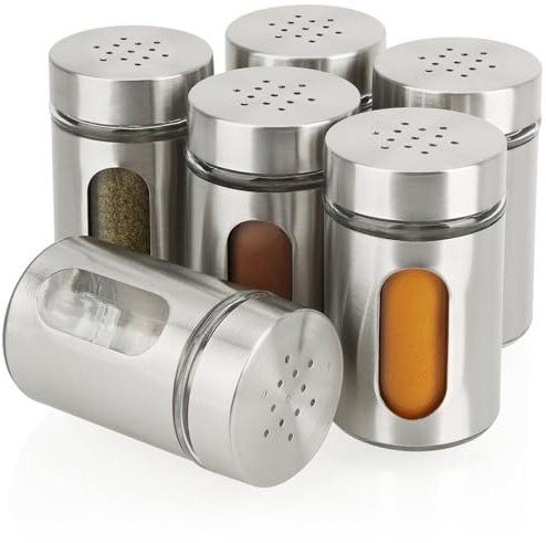 com-four® 6x Gewürzstreuer aus Edelstahl und Glas - zeitloser Pfefferstreuer - moderner Salzspender - Kräuterglas mit Füllstandsfenster (6 Stück - silberfarben)