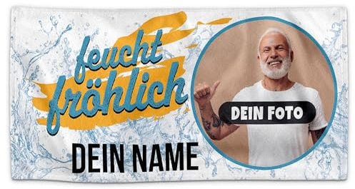 Print Royal PR Personalisiertes Handtuch mit lustigem Spruch - Feucht Fröhlich - mit Foto und Name Bedrucken | Badetuch selbst gestalten, Persönliches Geschenk für Männer, Freunde - 140 x 70 cm