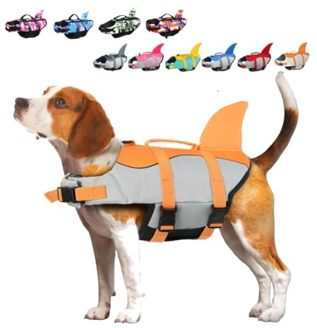 Rettungswesten für Hunde Schwimmweste Hunde Hai, Leicht und Sicher für Wassersport, hundeschwimmweste mit Griff und Reflektierend für Kleine Mittlere und Große Hunde Grau XS