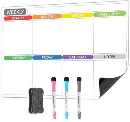Wochenplaner Abwischbar Magnettafel -Wochenplan Whiteboard Einkaufsliste Haushaltsplaner Essensplaner To Do Liste- Kalender Wochenplan Kinder, mit 3 Stift+ 1 Schwammbrett Radierer (kleur)