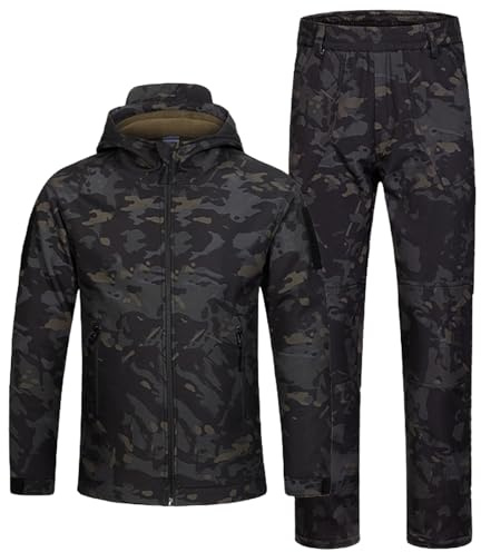QIYUANT Bambini All'aperto Abbigliamento Tattico Set Giacca e Pantaloni Softshell Mimetico Foderato Pile Airsoft Militare Camuffare Inverno Combattere Caccia (Nero CP/Giacca + Pantaloni, 150)