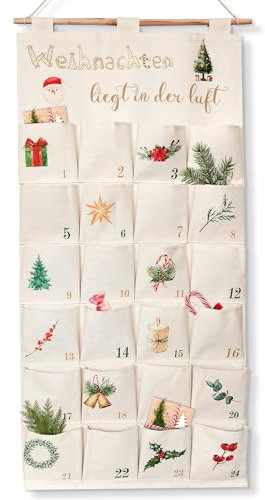 Adventskalender zum Befüllen Stoff, Weihnachtskalender zum Aufhängen Wand Tür, 2024 Wandkalender 50 x 100 cm Adventskalender Wandteppich Befüllbar mit 24 Fächern zum Basteln für Weihnachten (Beige)