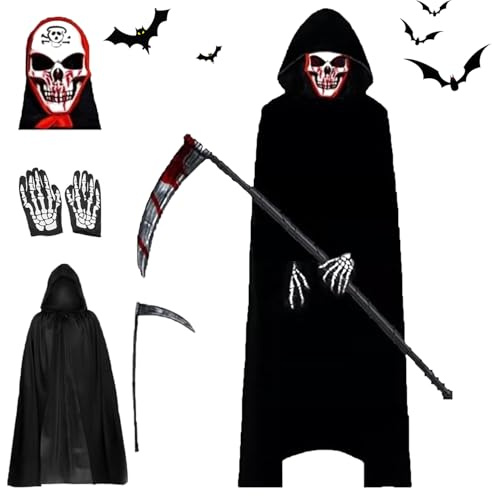 Aicerous® Reaper Cape kostym för vuxna och barn, kostym för vuxna och barn, gräsklippardräkt med skytte, skallemask, handskar, för halloween, cosplay, karneval