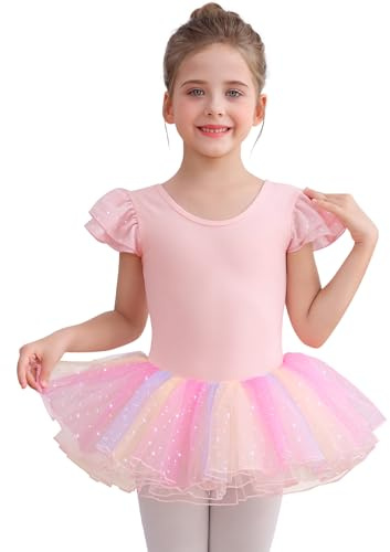 Comfyouth Abito da Balletto per Bambine con Gonna a Tutu, Costumi da Ballo Scintillanti per Bambine, Abito da Balletto per Bambine a Manica Corta in Cotone con Gonne Colorate a Tutu, 2-9 Anni, rosa, 7