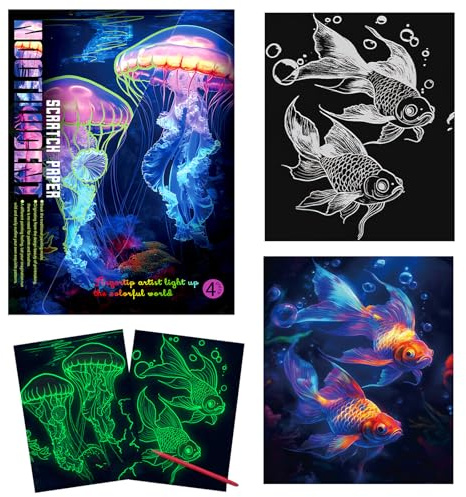KSIWRE Scratch Art for Adults & Teens,4 Sheets Glow in The Dark Rainbow Scratch Paper,Beautiful Night View Scratch Painting(Seabed World)