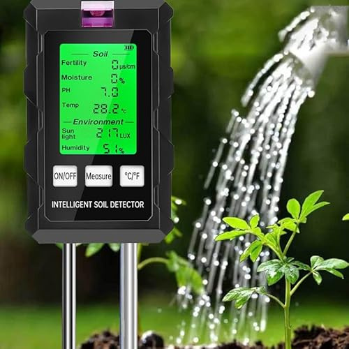 6 in 1 Bodenmessgerät - Digitales Feuchtemessgerät Pflanze mit Fruchtbarkeit Temp Sonnenlicht Luftfeuchtigkeit - Boden PH Tester mit Dual-Sonde LCD-Display für Gartenarbeit Landwirtschaft Gemüse