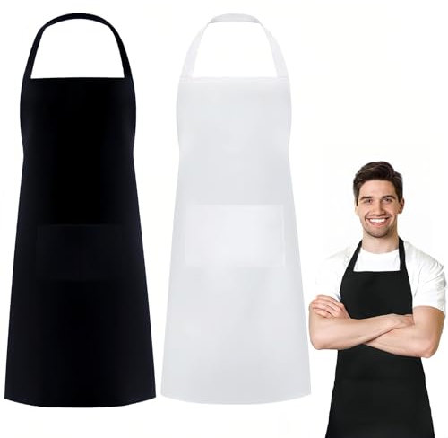2 Stück Kochschürzen mit Taschen, Küche Kochen Lätzchen Schürze, Verstellbare Wasserdichte Schürzen, Schwarz/Weiß Unisex Barbecue Küchenschürze, Personalisierte Küchenschürzen für Restaurant Bäckerei