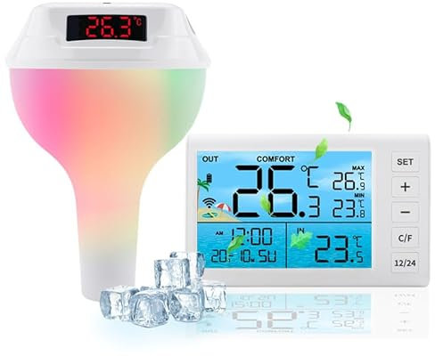 LZEXIN Wireless Floating Pool Thermometer, Digital Bath Thermometer with RGB Light, IP68 Solar Water Temperature Tester with Display Screen and Data Receiver for Swimming Pool Whirlpool Hot Tub(White)