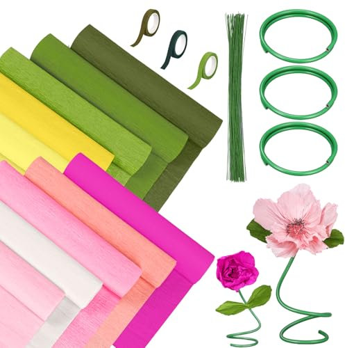 Gilprop Krepppapier-Rollen, Blumenstiel-Set, inklusive 24 x 240 cm Krepppapierbogen, 45 m, Blumenstiel, Blumendraht, Blumenband für Geburtstagsfeiern, Hochzeiten, Festivals, Dekoration, Rosa, 116