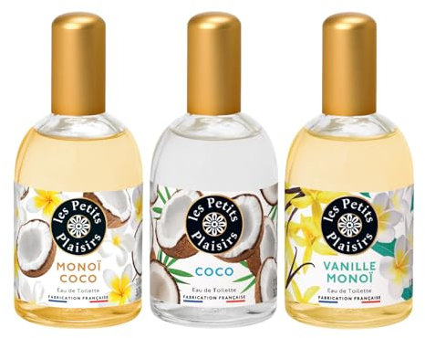 Les Petits Plaisirs - Lot de 3 - Eau de toilette Monoï Coco, Coco, Vanille Monoï. Eau de toilette femme, Solaires & sensuelles,. Coffret cadeau. Made in France. 110ml