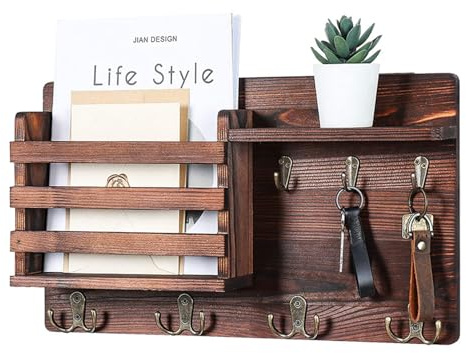 UUE Schlüsselbrett mit Ablage, 7 Haken Handgemachte Holz Schlüsselhalter für Wand, Wandgarderobe für Flur, Wohnzimmer & Schlafzimmer, Natürliches Holz, Braun