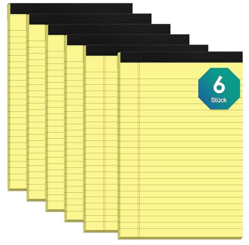 Lot de 6 blocs-notes A5 - Réglables - Papier jaune - Ligné - Format A5 - Papier ligné - 30 feuilles par bloc - Pour l'école, la maison, le bureau