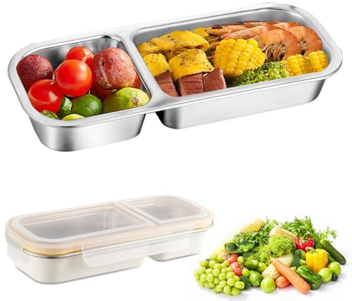 Peelanmall Snackbox mit Fächern, Snackbox Edelstahl mit 2 Fächern, Lunchbox mit Fächern, Wiederverwendbare Snackschale für Süßigkeiten Nüsse Obst Kekse Saucen, Spülmaschinenfest