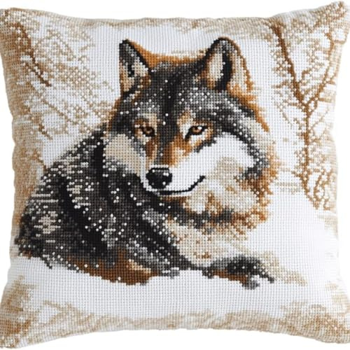 KnüpfKissen Set Erwachsene Kinder mit vordruck Grauer Wolf Im Schnee Winter knüpfteppich zum selber knüpfen Kissenbezug Anfänger DIY Handarbeit Stickerei Sets Handgemachtes Handwerk Sofa Wohnkultur 43