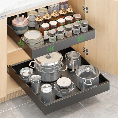 LUHENPING Expandable Pull-Out Cabinet Organizer - Black, 21 D x Adjustable Width 12.6-20.47, No Drill Adhesive Installation with 3-Slide Rails for Kitchen Storage (2 Pack)