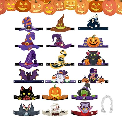 lioewhu Halloween-Stirnbänder aus Papier, 18 Stück Halloween Papier Hüte, Halloween-Kopfbedeckung, Dekorativer Papierhut für Halloween Kostümpartys Fasching Geburtstag Karneval Verkleidung