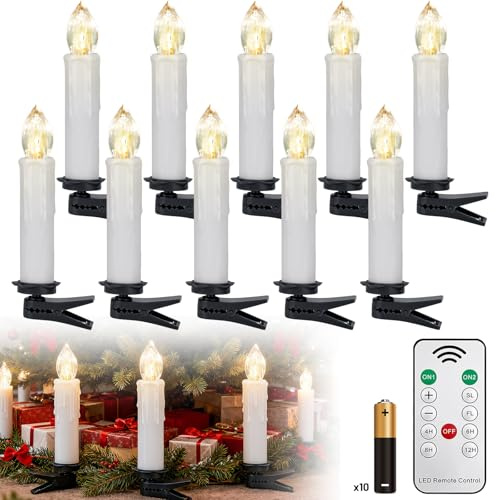 Kidsgigglz Lot de 10 bougies LED de Noël, sans fil, blanc chaud, sans flamme, avec minuterie, télécommande et clips, bougies pour sapin de Noël, décoration de Noel, mariage, intensité variable
