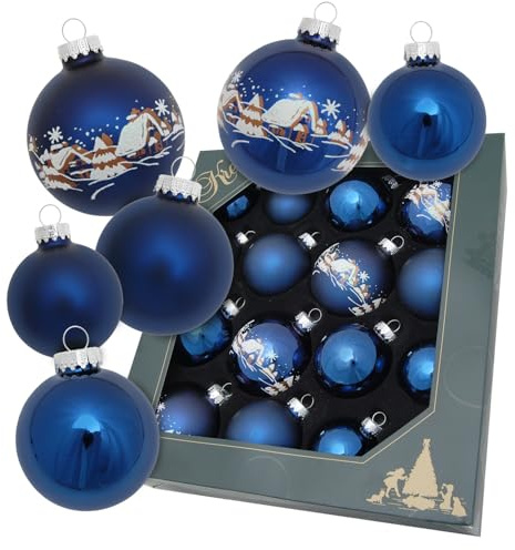 Krebs Glas Lauscha - Weihnachtsdekoration/Christbaumschmuck aus Glas - Glaskugelsortiment Verschneites Dorf - Menge: 16 Stück - Farbe: Cobalt Blau - Größe: ca. 5-8 cm