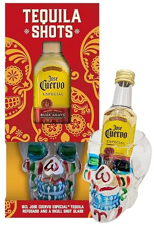 Tequila Gift Set for Stocking Fillers - Alcohol Gift Set of 5cl Tequila Miniature Alcohol Bottles with Skull Shaped & Decorated Shot Glass for Mens Gifts also Great Christmas Gifts for Women