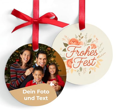 Cimpress personalisierter Weihnachtsschmuck Rund 7x7 cm, 1 Stück, Metall, Foto & Text, individuelle Weihnachtsbaumdeko, Weihnachtsanhänger, Geschenkidee Familie, Baby’s erstes Weihnachten