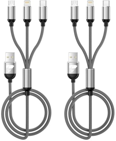 Multi USB Kabel [2Stück 1.2M], 3 in 1 Universal Ladekabel Nylon USB C schnellladekabel iPhone Ladekabel Mehrfach mit Micro USB Typ C Lightning Kabel für iPhone 17 16 15 14 13 12, Samsung, Handys