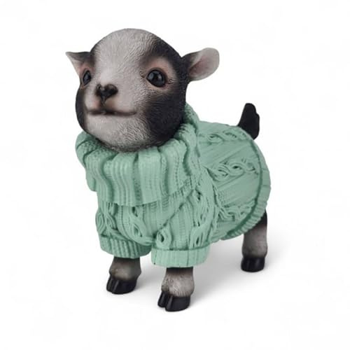 Ziegenfigur Deko 16 cm – niedliche Tierfigur aus Polyresin mit Strickpullover in Mintgrün, detailreiche Dekofigur für Regal, Fensterbank & Sideboard (16 x 9 x 16,5 cm)