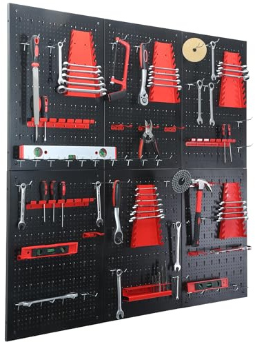 KARAT Panneau mural à outils Parker - Kit de panneaux perforés en métal avec accessoires - Support de rangement pour atelier et garage (Noir/Rouge – Set de 6 panneaux)