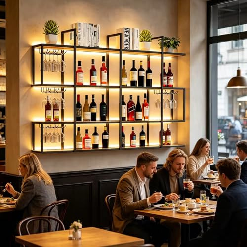 Pazcalie 180cm Scaffale per vino a 4 livelli da parete con luci LED, mensola industriale per bottiglie di liquori, ripiani metallici per bar con portabicchieri, decorazione murale per sala da pranzo