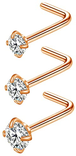 VELCARE 3 Pcs Stainless Steel Nose Rings Studs 20 Gauge L Shaped Curved Nose Piercing Jewelry 2mm 2.5mm 3mm Diamond CZ Nose Stud L Bend for Women Piercing - Rose Gold