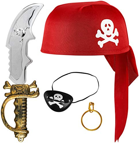 Balinco Piratenset 4-teilig bestehend aus Rotem Piratenhut + Säbel + Augenklappe + Goldener Ohrring - Kostüm Set für Fasching/Karneval