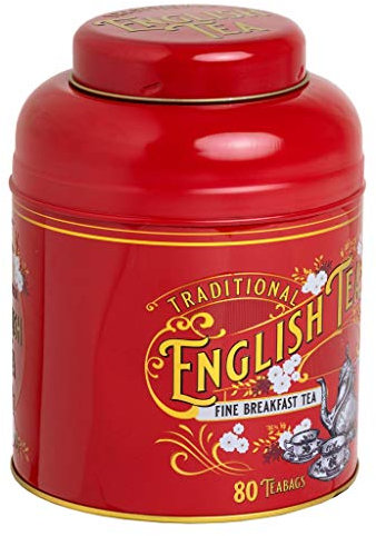 New English Teas, Vintage Victorian Caddy in red with 80 Teabags, English Breakfast Tea