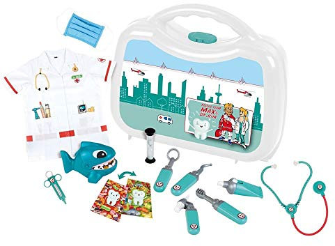 Theo Klein 4328 Zahnarztkoffer Deluxe I Inkl. Arztkostüm, Haifisch, Sanduhr und Zubehör. I Maße: 25 cm x 15 cm x 20 cm I Spielzeug für Kinder ab 3 Jahren