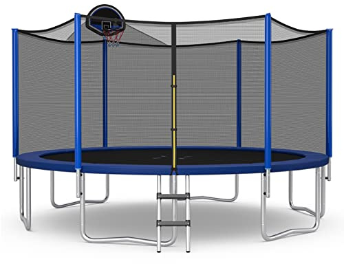 COSTWAY Cama Elastica Niños Exterior Ø366 cm, Trampolines para Niños y Adultos con Red de Seguridad, 72 Muelles y Escalera de 3 Peldaños, Cansta de Baloncesto, Cama Elástica Capacidad de Carga 180 kg