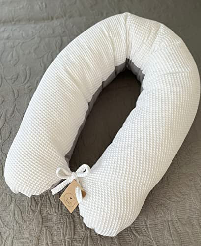 LOOLAY Schwangerschaftskissen - Stillkissen 170 cm - Seitenschläferkissen 100% Baumwolle - mit Abnehmbarem Bezug - Ergonomisches Schwanger Kissen für Schlafen (Waffel Weiß/Grau)