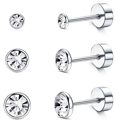 Morfetto Titan Ohrringe für Damen Herren - G23 Titan Ohrstecker mit Hypoallergen 3-5mm Zirkonia Knorpel - 20G Flache Rückseite Bezel Set