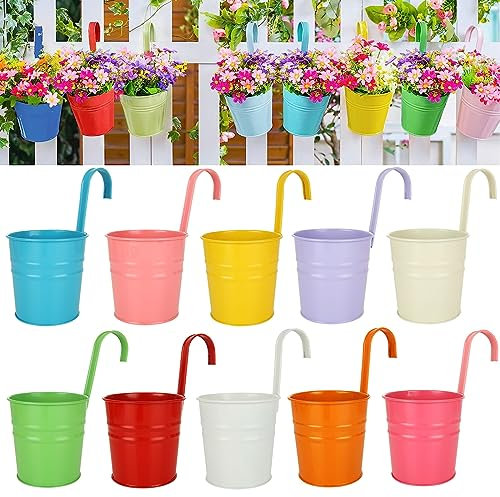 LDHHYH 20 PACK Metal Iron Flower Pot, 10CM Hanging Fence Flower Pots with Drainage and Detachable Hook, Garden Hanging Flower Pots Fence Planters for Balcony Home Garden Decoration
