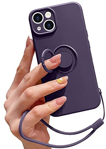 Pepmune for iPhone 15 Silicone Case with Ring Holder-Dark Purple | Kickstand Magnetic Car Mount,Detachable Wrist Strap,Shockproof Soft Protective Cover