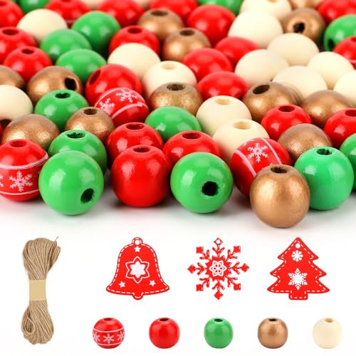 200stk Holzperlen mit 6 Schneeflocken-Holzspänen, Holzperlen Weihnachten Bunte Runde Bastelperlen mit Löchern für DIY-Schmuckherstellung Zuhause Party Weihnachtsdekoration