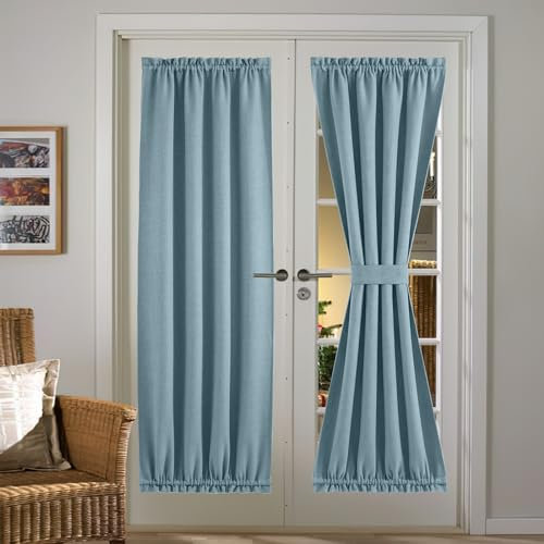 NICETOWN Door Window Curtain for Privacy, Rod Pockets Faux Linen French Door Curtain with Tieback, Farmhouse Thermal Insulated Curtains for Kitchen, 36W x 72L, 1 Panel, Mist Blue